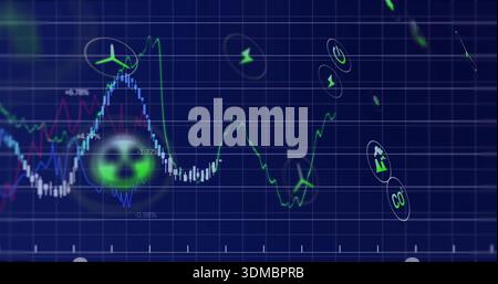 Displaying central data chart tracing multi-colored graphs on energy dashboard, with CO2 wind icons Stock Photo