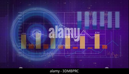 Displaying central HUD with concentric rings, yellow bars, white and blue lines on data dashboard Stock Photo