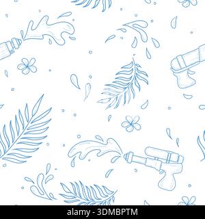 Water splashes and drops, flowers, palm leaves and water pistols. Seamless pattern isolated on white background. Concept for Happy Water Thai New Year Stock Vector