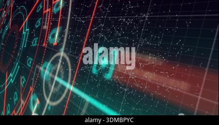 Displaying holographic HUD panel pulsing across virtual interface, with teal glyph and reticles Stock Photo