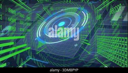Scanning holographic circular radar display pulsing in digital dashboard, with floating data panels Stock Photo