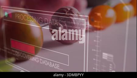 Displaying dark purple grape-like berry centered on white tabletop, with translucent HUD panels Stock Photo