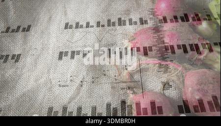 Displaying cluster of red radishes with stems sitting on burlap, overlaid charts, copy space Stock Photo