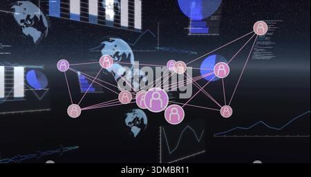Showing central highlighted node connecting purple user icons in 3D data space, with magenta lines Stock Photo