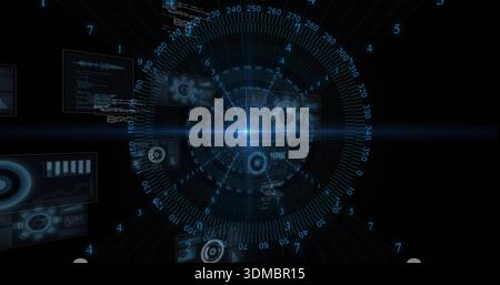 Displaying holographic HUD in dark virtual UI, showing concentric rings, gear icons, data panels Stock Photo