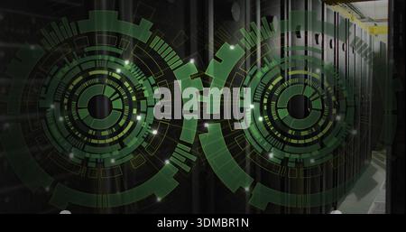 Overlaying green HUD circular graphics over central data center aisle, showing racks and LEDs Stock Photo