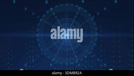Displaying central blue node and concentric rings on virtual HUD, with binary data stream Stock Photo