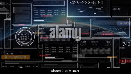 Displaying dark futuristic data dashboard filling virtual HUD, with circular gauge, GET NOTIFIED Stock Photo