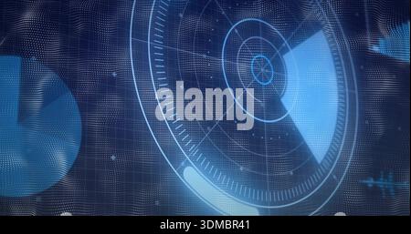 Scanning circular radar interface showing concentric rings, pie-sector sweep, and 3D dot-mesh HUD Stock Photo