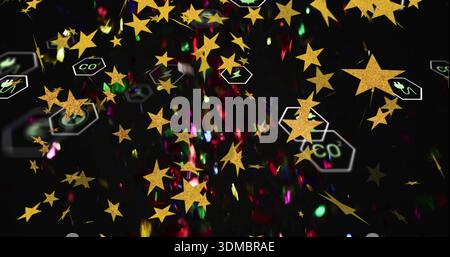 Shimmering gold glitter stars floating on black backdrop, with white hexagons and colorful streaks Stock Photo