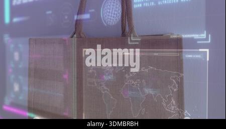 Hanging rectangular fabric tote bag displaying projected world map and HUD graphics in showroom Stock Photo
