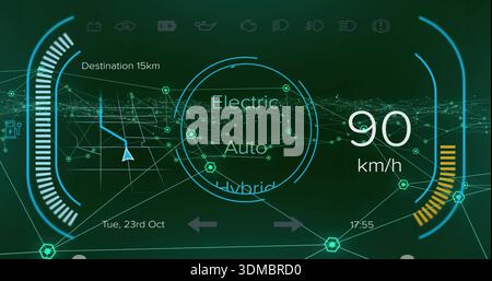 Displaying digital HUD at driver perspective, showing 90km or h readout, mode rings, wireframe map Stock Photo