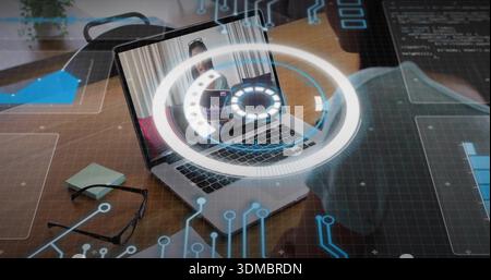 Laptop with augmented UI displaying remote host at desk in office, man wearing dark jacket, glasses Stock Photo