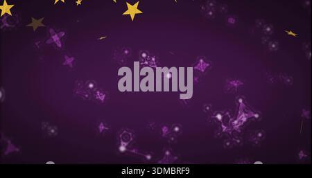 Displaying central constellation-like purple particle network on flat 2D canvas, with gold stars Stock Photo
