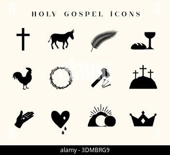 Holy Gospel icon set for Easter Sunday design. Christian Holy Week icons for church web banner or service invitation. Vector illustration Stock Vector