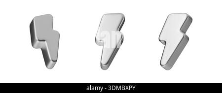 Metallic thunderbolt icon in 3D render. Chrome lightning design with glossy finish, perfect for energy apps, electric power symbols, battery concepts Stock Vector