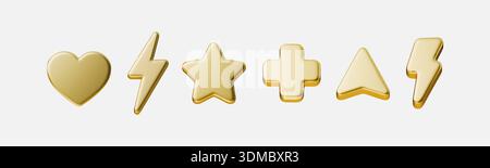 Golden 3D cursor icon with lightning bolt and glowing star shapes on white background. Modern tech UI element with gradient effects and Y2K aesthetic Stock Vector