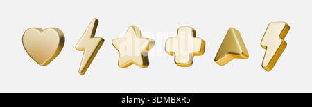 3D icon set with golden cursor arrows, lightning bolts, hearts and stars on white background. Premium glossy tech elements with gradient glow effects Stock Vector