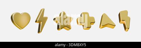 3D rendered cursor pointer with thunder flash and heart symbols. Glossy golden icons featuring geometric shapes, plus signs, and abstract elements for Stock Vector