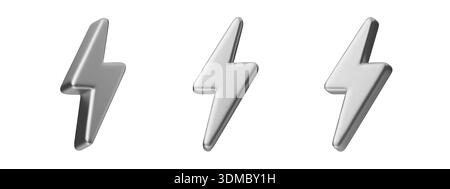 Silver 3D lightning bolt icon with chrome finish. Thunderbolt symbol for energy concepts, electric power designs, and futuristic digital graphics with Stock Vector