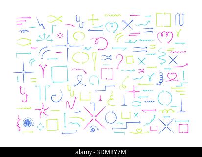 Multicolored grunge doodle arrow set Stock Vector