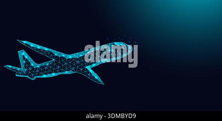 Low poly wireframe airplane on dark blue background. Stock Vector
