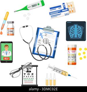 Online doctor concept. Man holding smart phone in hand and calls doctor. Flat style icons prescription, stethoscope, pills, thermometer. isolated vect Stock Vector