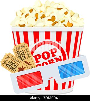 Cinema and Movie time concept with flat icons popcorn, 3D glasses and tickets, isolated vector illustration Stock Vector