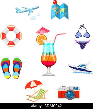Vacation and Tourism Flat Icons Set with Long Shadow on Square like Boat, Cocktail, Island, Aircraft and Suitcase. vector illustration Stock Vector