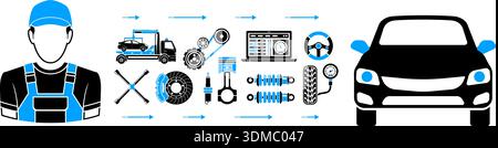 Car Service Concept with flat two color Icons set for Advertising and service station like Mechanic, Battery, Oil, car. isolated vector illustration Stock Vector