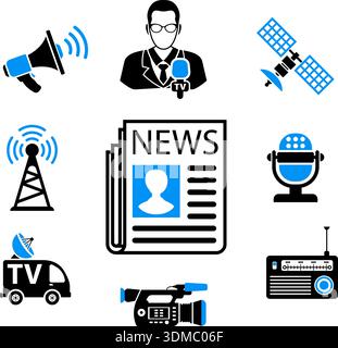Media and News Vector Concept with Icon set in two color such as Journalist Microphone Newspaper Camera Satellite Megaphone, may be used for Flyer, Po Stock Vector