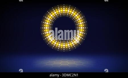 Futuristic technology stage blue background. Round yellow dotted led, neon glow, grid floor. Abstract background for displaying products presentation Stock Vector