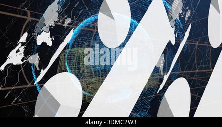Rotating dotted blue globe in data backdrop, with white diagonals showing circular holes and nodes Stock Photo