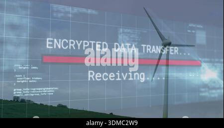Displaying three bladed wind turbine on grassy hill at right, with encrypted UI overlay, copy space Stock Photo