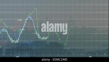 Displaying financial chart overlay showing green blue red lines and candlestick bars at waterfront Stock Photo