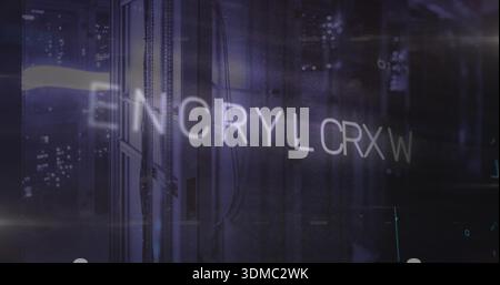 Glowing server rack displaying translucent ENCRY LCRX W overlay in data center, with bundled cables Stock Photo