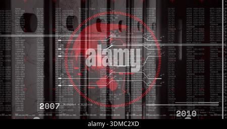 Displaying red globe, world map, hex nodes, data columns, crosshair, 2007 2010 on screen Stock Photo