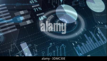 Displaying central circular HUD and translucent sphere on holo grid, showing charts and 45% 71% 68% Stock Photo