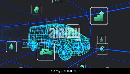 Displaying neon-cyan wireframe van model rotating inside digital grid, showing CO2 water euro icons Stock Photo