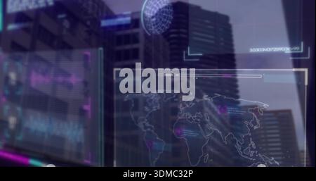 Projecting 3D world map on glass in office, showing globe, data graphs and building reflections Stock Photo