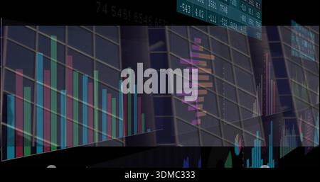 Floating chart panels streaming over glass facade, displaying vertical bars, line charts, tickers Stock Photo