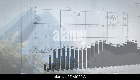 Displaying 3D bar chart with numeric labels and line plots on translucent wireframe grid over trees Stock Photo