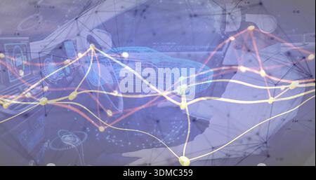 Displaying forearm wearing light long-sleeve shirt on steering wheel in cabin, with AR data Stock Photo
