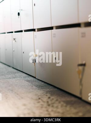 Office storage lockers corridor perspective. Modern workplace interior featuring metal cabinets with numbered doors keys security system minimal desig Stock Photo