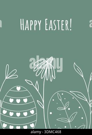 Easter card with white silhouette of painted eggs and herbs. White outline illustration on green background and congratulatory text. Vector graphics Stock Vector