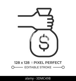 Hand holding money bag pixel perfect line icon Stock Vector