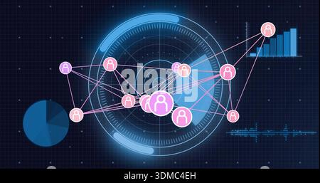 Animating central radar graphic rotating on analytics dashboard, showing pink tokens, charts, grid Stock Photo