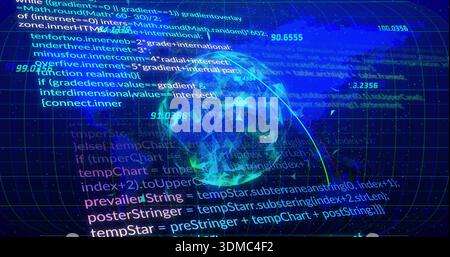 Rotating holographic low-poly globe pulsing in wireframe grid, with code and numeric labels Stock Photo