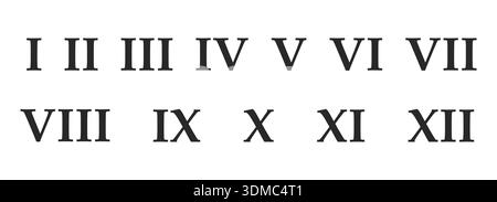 Roman or greece numerals set. Numbers from one to twelve arranged in two rows. Typography. Vector illustration Stock Vector