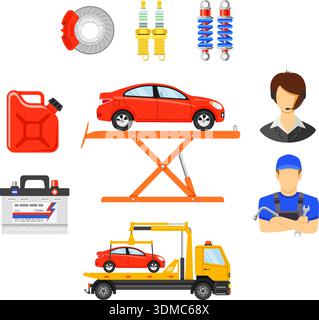 Car Services Concept for Booklet, Web Site, Advertising with Flat Icons like support, tow truck, battery, gas canister and mechanic. vector illustrati Stock Vector